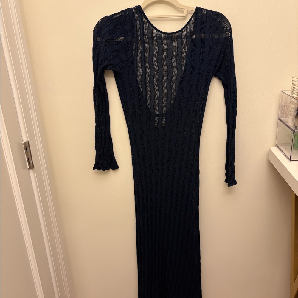 Women's Navy Ribbed Knit Long Sleeve Maxi Dress